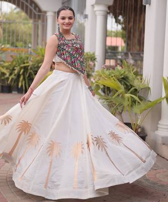 NAVRATRI WHITE ROMAN SILK BLEND GOTA WORK LEHENGA EMBROIDERED BLOUSE  1