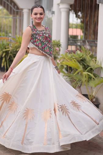 NAVRATRI WHITE ROMAN SILK BLEND GOTA WORK LEHENGA EMBROIDERED BLOUSE 