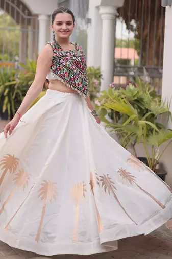 NAVRATRI WHITE ROMAN SILK BLEND GOTA WORK LEHENGA EMBROIDERED BLOUSE 