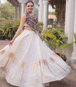 NAVRATRI WHITE ROMAN SILK BLEND GOTA WORK LEHENGA EMBROIDERED BLOUSE 