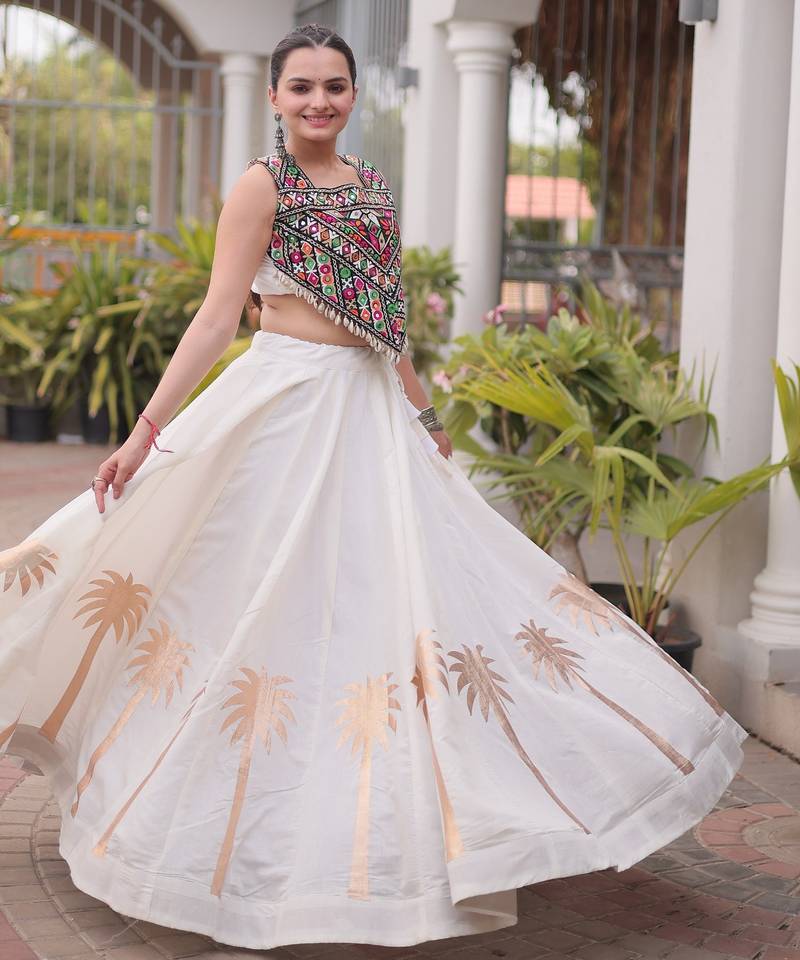 NAVRATRI WHITE ROMAN SILK BLEND GOTA WORK LEHENGA EMBROIDERED BLOUSE 