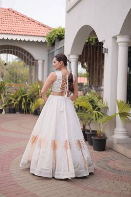 NAVRATRI WHITE ROMAN SILK BLEND GOTA WORK LEHENGA EMBROIDERED BLOUSE  2