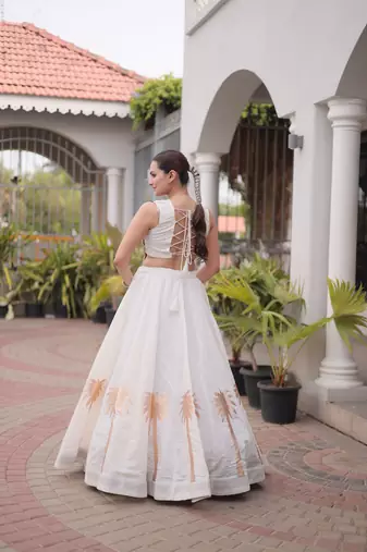 NAVRATRI WHITE ROMAN SILK BLEND GOTA WORK LEHENGA EMBROIDERED BLOUSE 