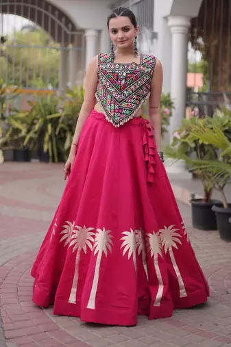 NAVRATRI RANI-PINK ROMAN SILK BLEND GOTA WORK LEHENGA EMBROIDERED BLOUSE 