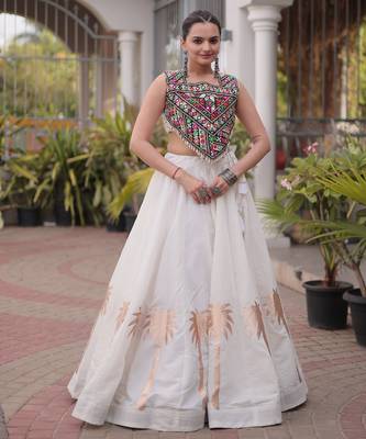 NAVRATRI WHITE ROMAN SILK BLEND GOTA WORK LEHENGA EMBROIDERED BLOUSE  5