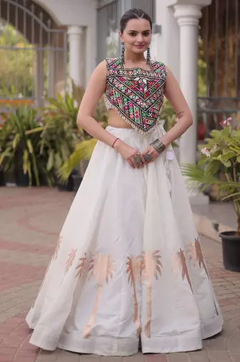 NAVRATRI WHITE ROMAN SILK BLEND GOTA WORK LEHENGA EMBROIDERED BLOUSE 