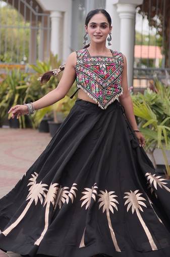 NAVRATRI BLACK ROMAN SILK BLEND GOTA WORK LEHENGA EMBROIDERED BLOUSE 