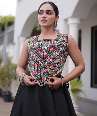 NAVRATRI BLACK ROMAN SILK BLEND GOTA WORK LEHENGA EMBROIDERED BLOUSE  2