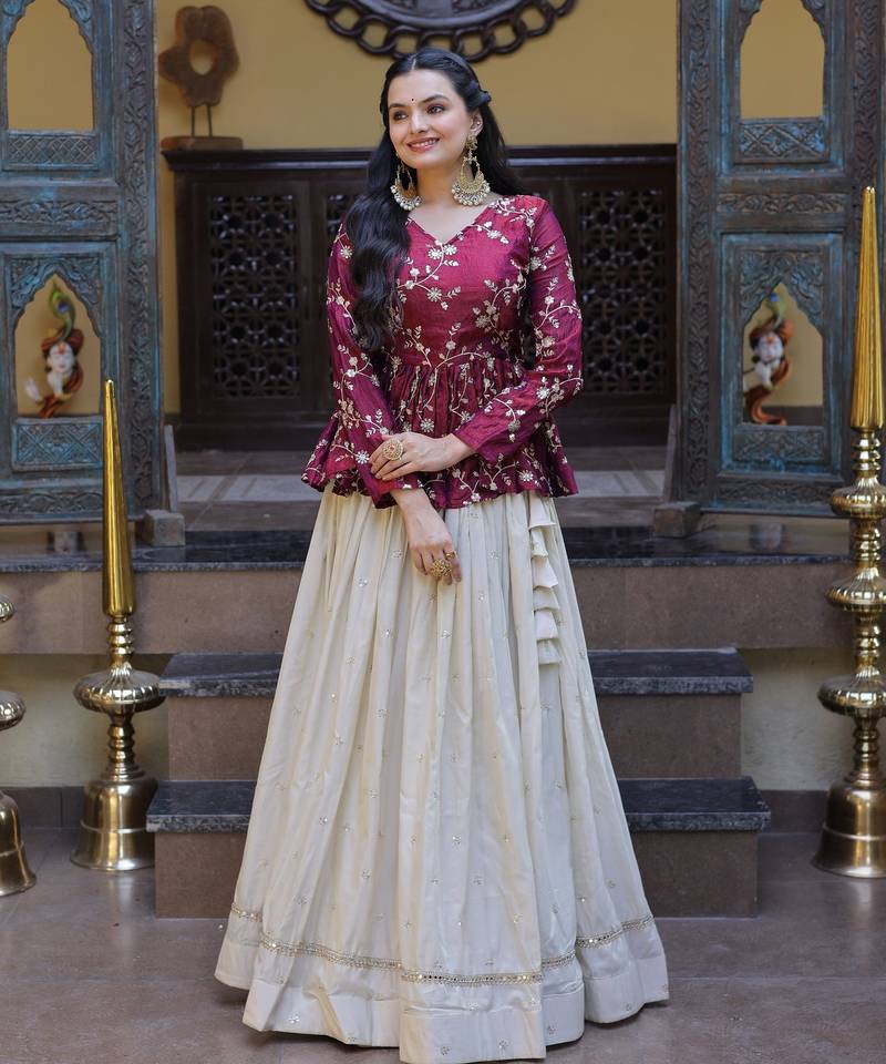 NAVRATRI WHITE-MAGENTA COSMOS EMBROIDERED ED LEHENGA & BLOUSE