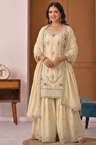Light Yellow Sequence Embroidery Work Silk Blend Salwar Suit