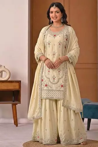 Light Yellow Sequence Embroidery Work Silk Blend Salwar Suit
