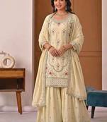 Light Yellow Sequence Embroidery Work Silk Blend Salwar Suit