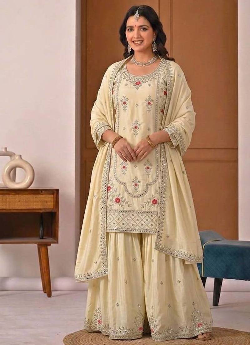 Light Yellow Sequence Embroidery Work Silk Blend Salwar Suit