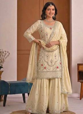 Light Yellow Sequence Embroidery Work Silk Blend Salwar Suit 2