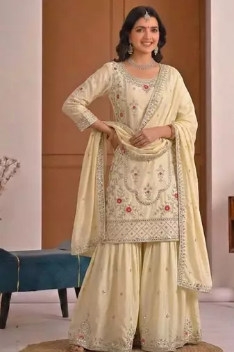 Light Yellow Sequence Embroidery Work Silk Blend Salwar Suit