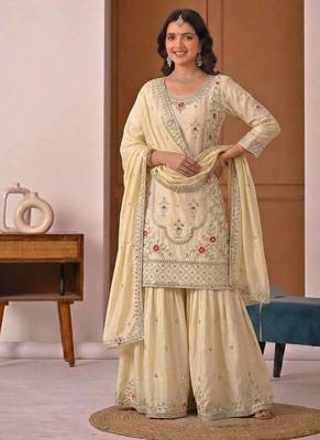 Light Yellow Sequence Embroidery Work Silk Blend Salwar Suit 3