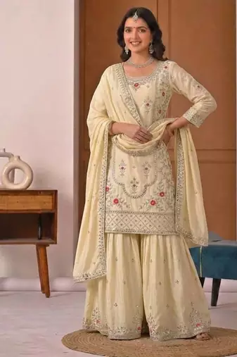 Light Yellow Sequence Embroidery Work Silk Blend Salwar Suit