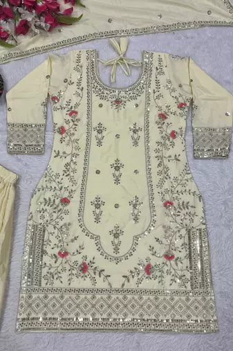 Light Yellow Sequence Embroidery Work Silk Blend Salwar Suit