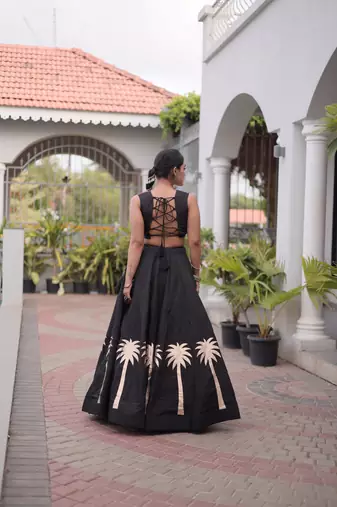 NAVRATRI BLACK ROMAN SILK BLEND GOTA WORK LEHENGA EMBROIDERED BLOUSE 