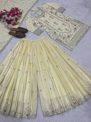 Light Yellow Sequence Embroidery Work Silk Blend Salwar Suit 5