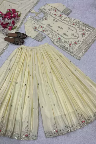 Light Yellow Sequence Embroidery Work Silk Blend Salwar Suit