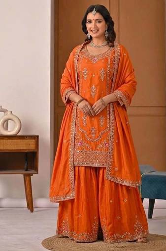 Orange Sequence Embroidery Work Silk Blend Salwar Suit
