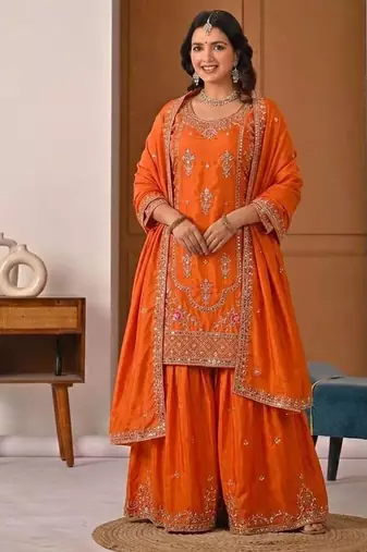 Orange Sequence Embroidery Work Silk Blend Salwar Suit