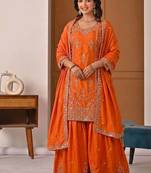 Orange Sequence Embroidery Work Silk Blend Salwar Suit