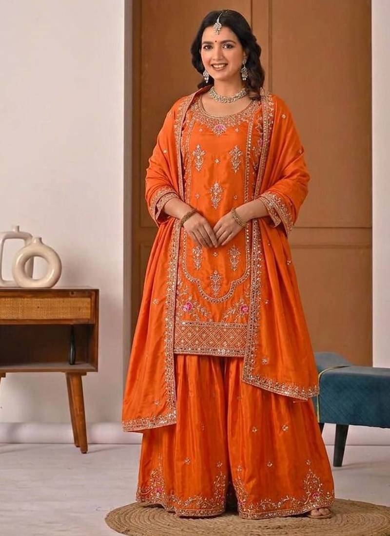 Orange Sequence Embroidery Work Silk Blend Salwar Suit