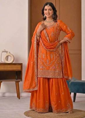Orange Sequence Embroidery Work Silk Blend Salwar Suit 2