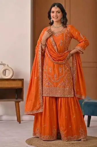 Orange Sequence Embroidery Work Silk Blend Salwar Suit