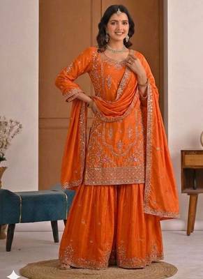 Orange Sequence Embroidery Work Silk Blend Salwar Suit 3