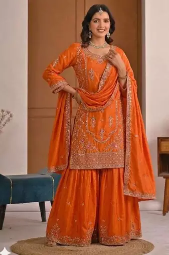 Orange Sequence Embroidery Work Silk Blend Salwar Suit