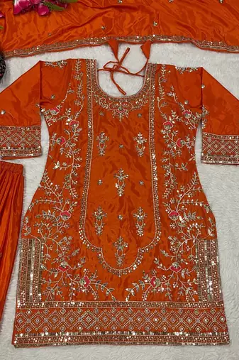 Orange Sequence Embroidery Work Silk Blend Salwar Suit