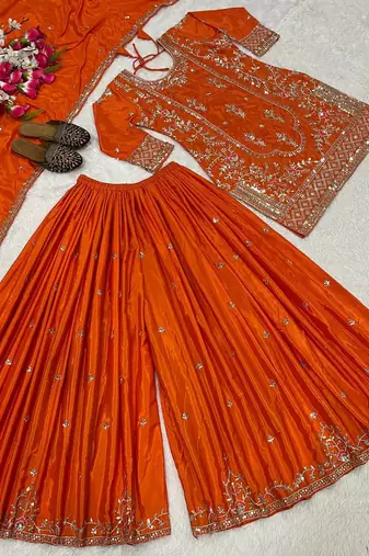 Orange Sequence Embroidery Work Silk Blend Salwar Suit