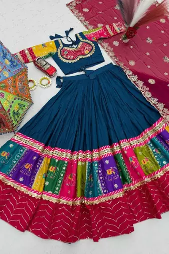 NAVRATRI BLUE COTTON EMBROIDERED LEHENGA SET