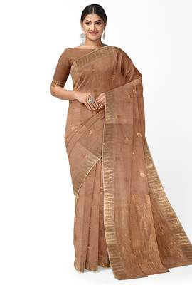 Elegant beige cotton blend saree with gold zari border and butti design 1