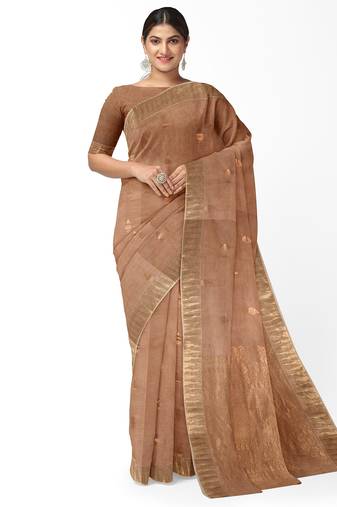Elegant beige cotton blend saree with gold zari border and butti design