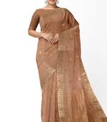 Elegant beige cotton blend saree with gold zari border and butti design