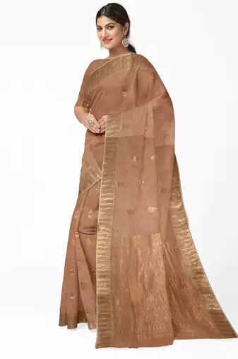 Elegant beige cotton blend saree with gold zari border and butti design