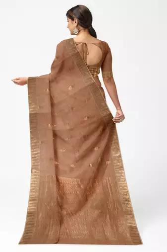 Elegant beige cotton blend saree with gold zari border and butti design