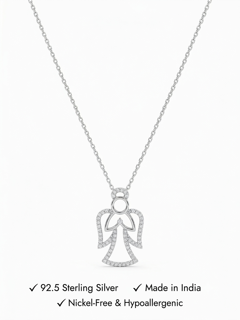 925 Sterling Silver CZ Angel Pendant NecklaceSet  for Women