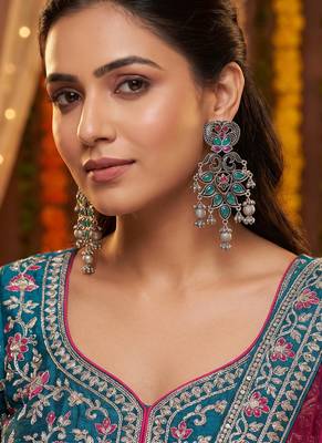 Exquisite oxidized silver statement chandelier earrings with jewel-toned stones 1
