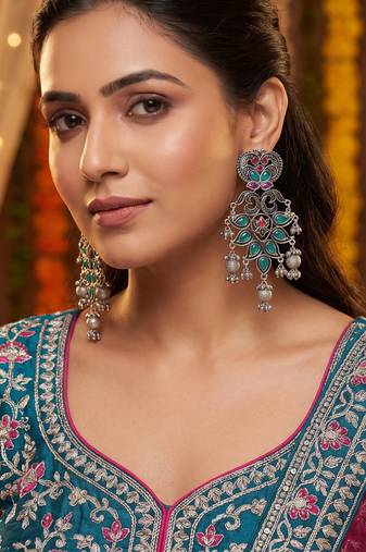 Exquisite oxidized silver statement chandelier earrings with jewel-toned stones
