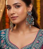 Exquisite oxidized silver statement chandelier earrings with jewel-toned stones