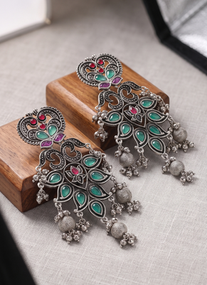 Exquisite oxidized silver statement chandelier earrings with jewel-toned stones 2