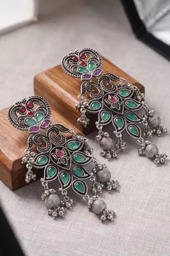 Exquisite oxidized silver statement chandelier earrings with jewel-toned stones