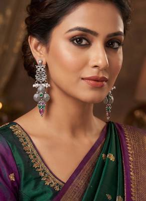 Oxidized silver-tone ethnic dangle earrings with faux pearls and jewel-toned stones 1