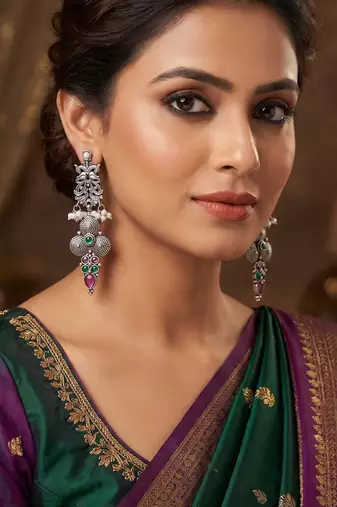 Oxidized silver-tone ethnic dangle earrings with faux pearls and jewel-toned stones