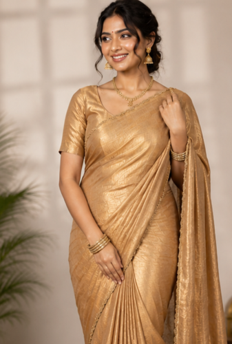 Cream Color alpha with beads hand work rich border work Chiffon Saree